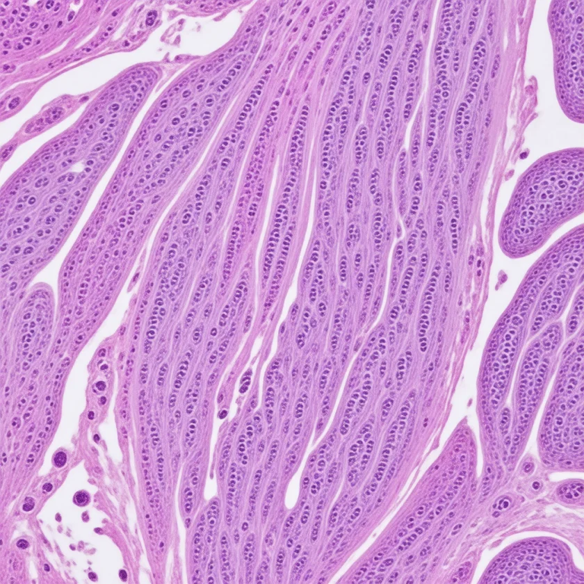 Muscle fibres after hard exercise, with inflammatory cells