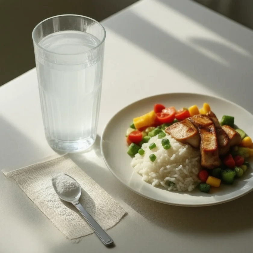 Glutamine powder taken with a meal, as in the trials