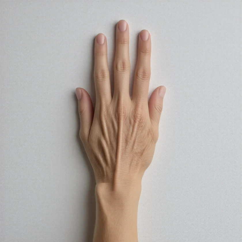 Fine creases in aging skin on the back of a hand