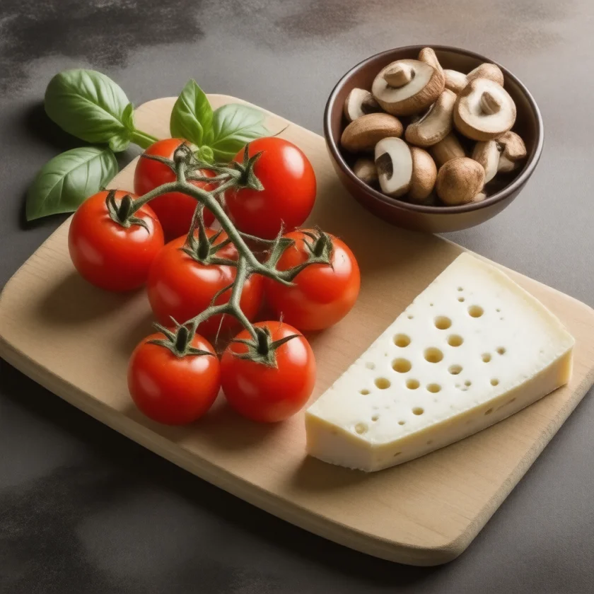 Tomatoes, aged cheese and shiitake, rich in glutamate
