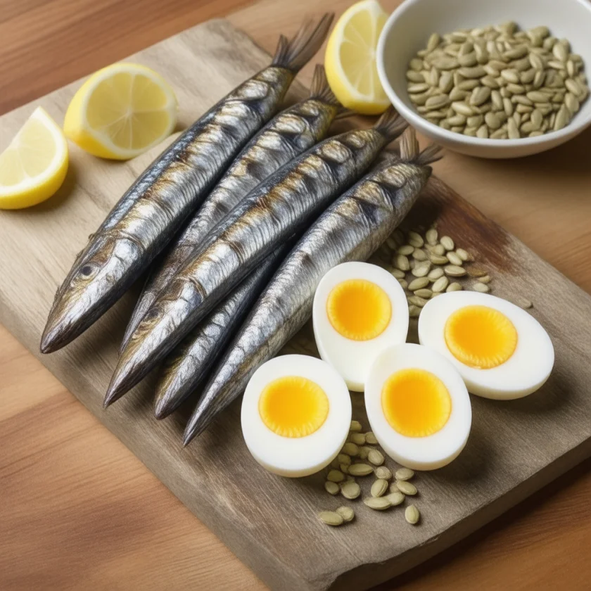 Sardines, eggs and sunflower seeds