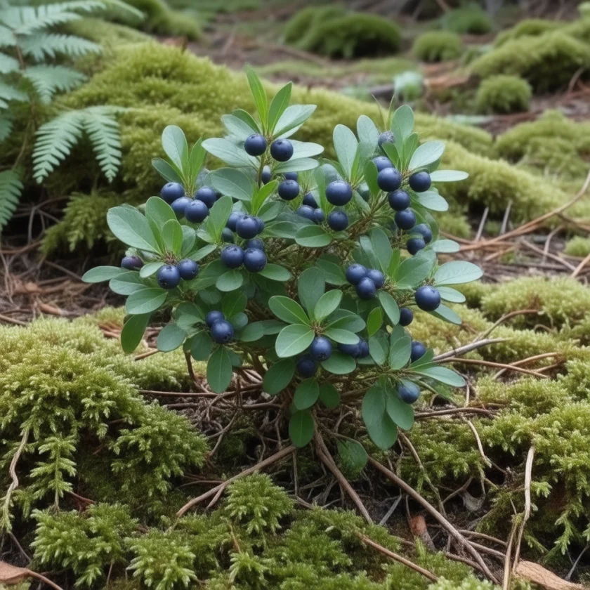 Bilberry growing wild in a pine forest