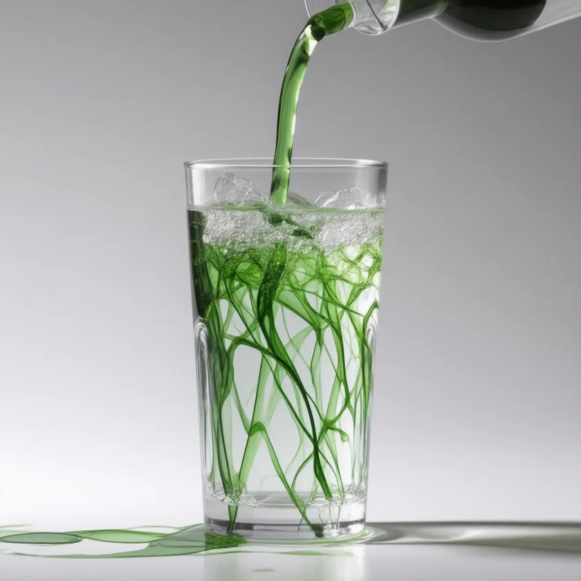 Liquid chlorophyll drops in water