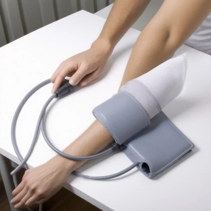 A blood pressure cuff on the upper arm