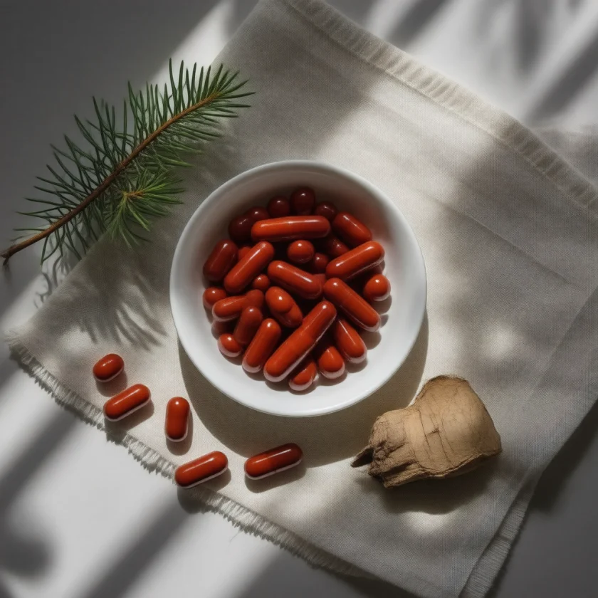 Pine bark extract capsules beside raw bark