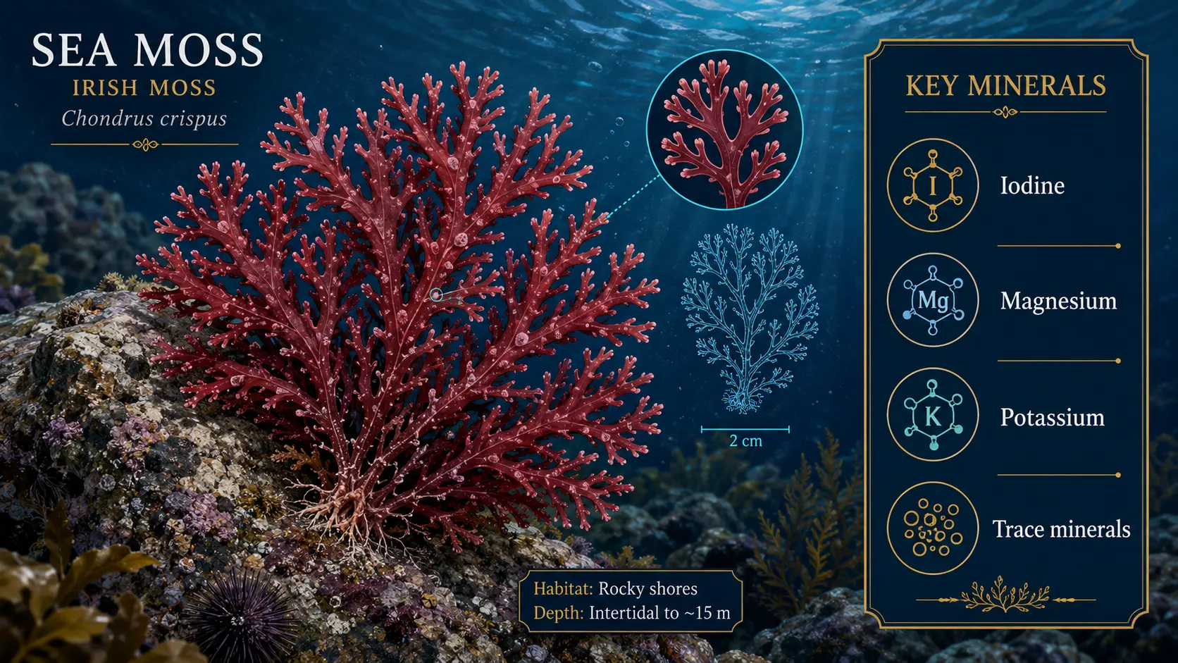 Sea moss (Chondrus crispus) underwater with mineral composition
