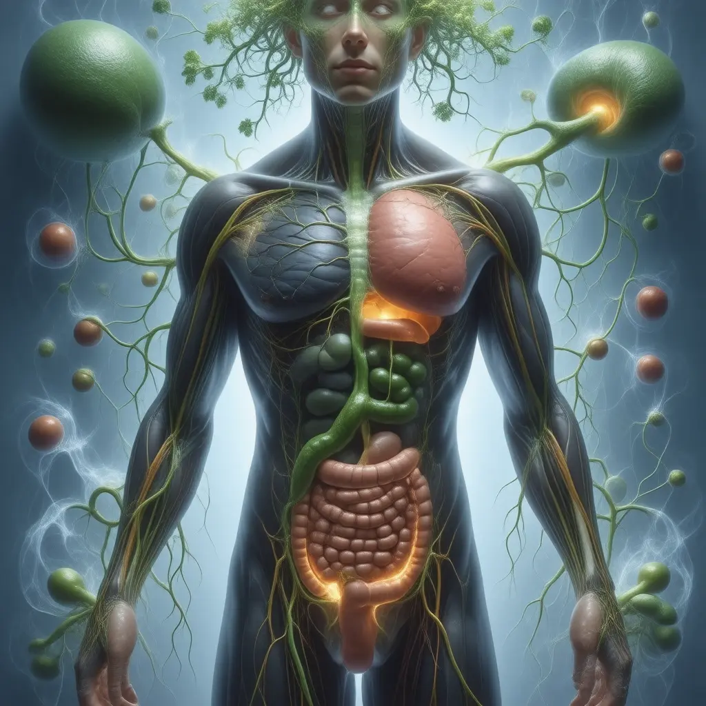 Anatomical illustration of body systems benefiting from Spirulina