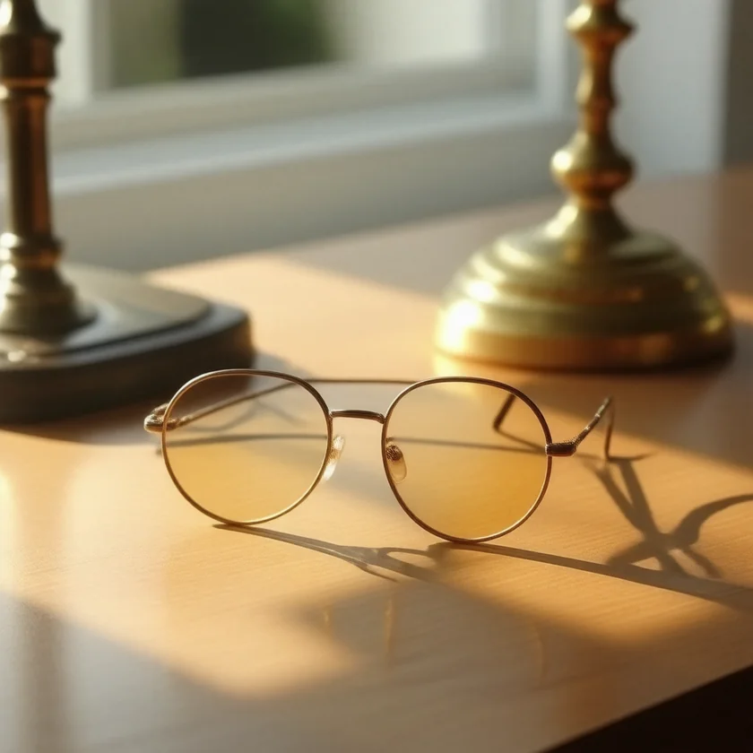 Blue-light-filtering glasses with amber-tinted lenses