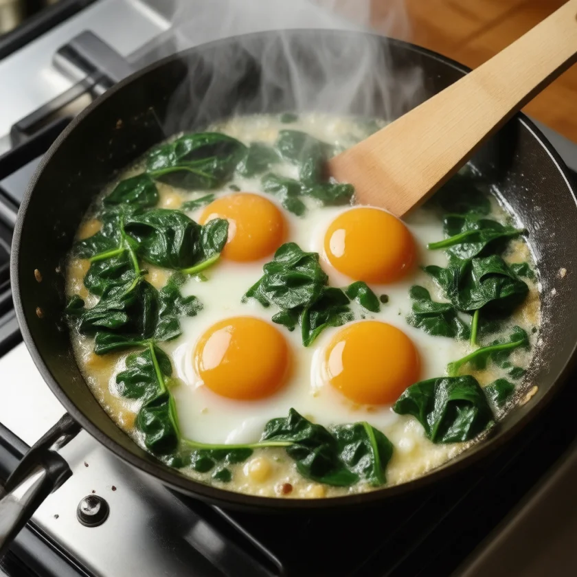 Eggs and spinach cooked in olive oil