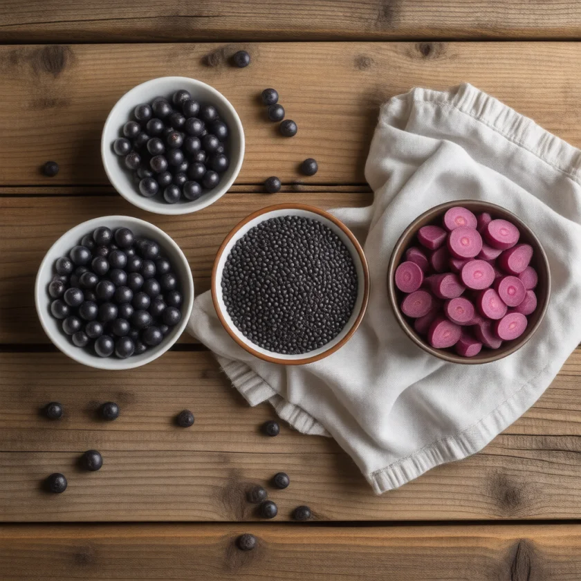 Aronia berries, black rice and purple carrots