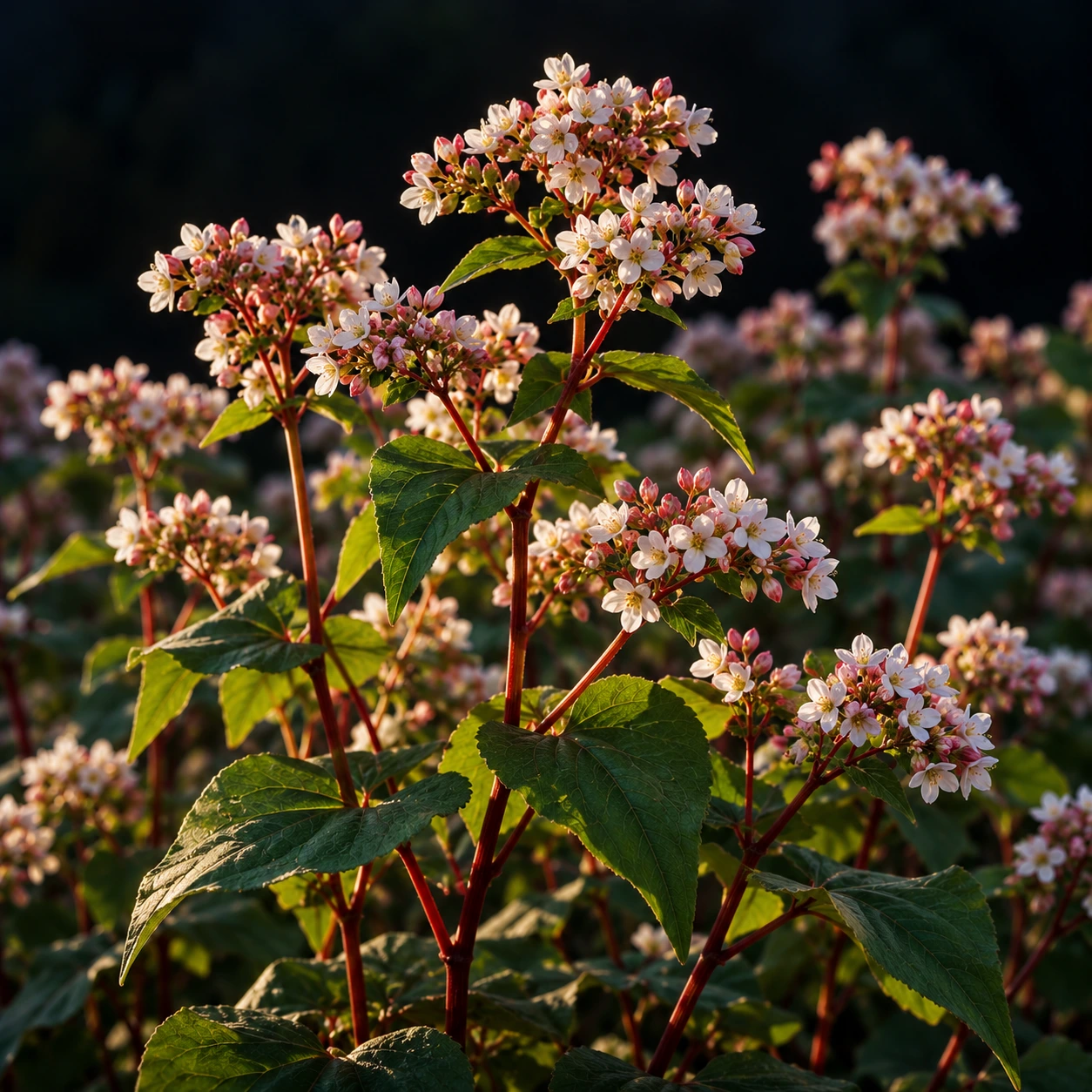 Flowering buckwheat plants with small white-pink flowers