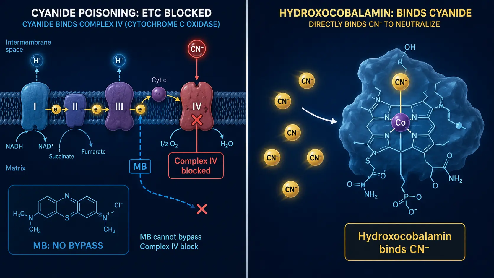 Cyanide antidote comparison: hydroxocobalamin vs methylene blue