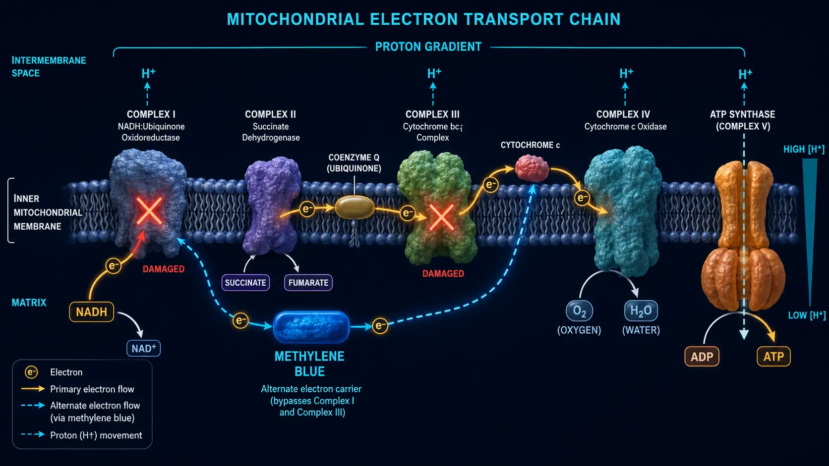 Mitochondrial electron transport chain with methylene blue as alternate electron carrier
