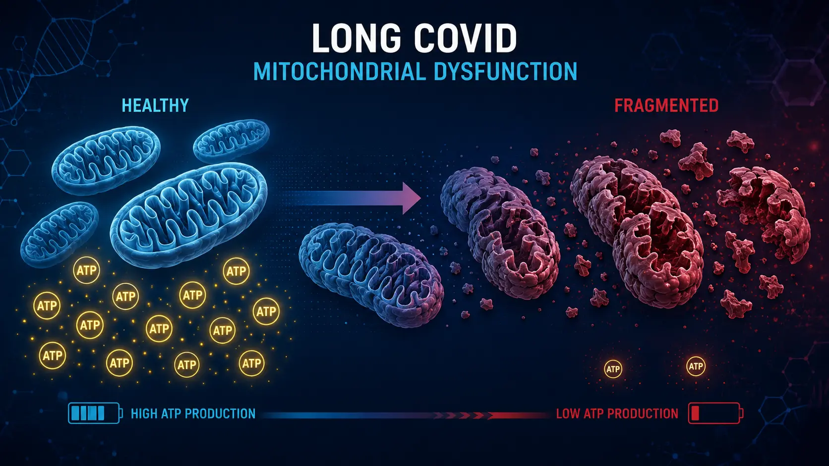 Long COVID mitochondrial dysfunction (healthy vs swollen/fragmented)