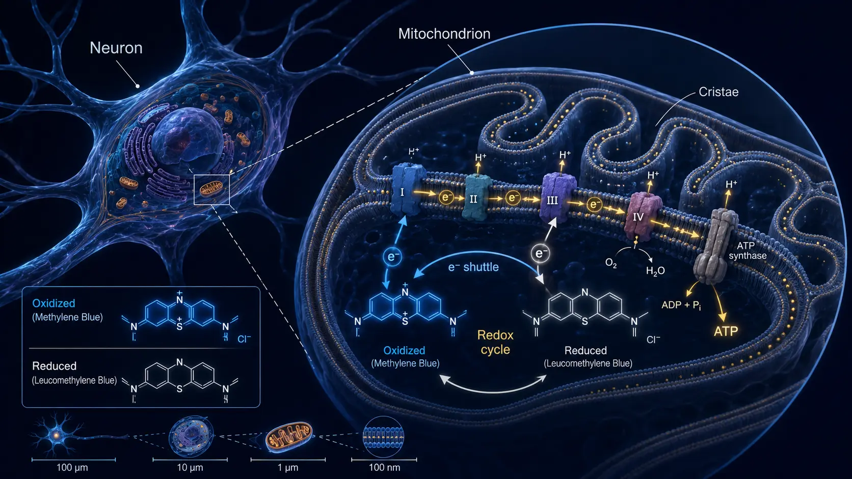 Methylene blue at single neuron mitochondrion shuttling electrons