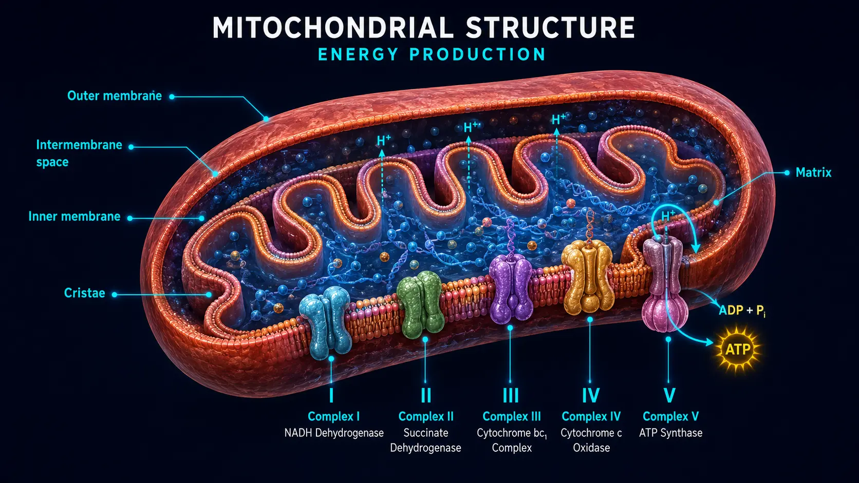 Detailed mitochondrial 3D cutaway with respiratory complexes I-V