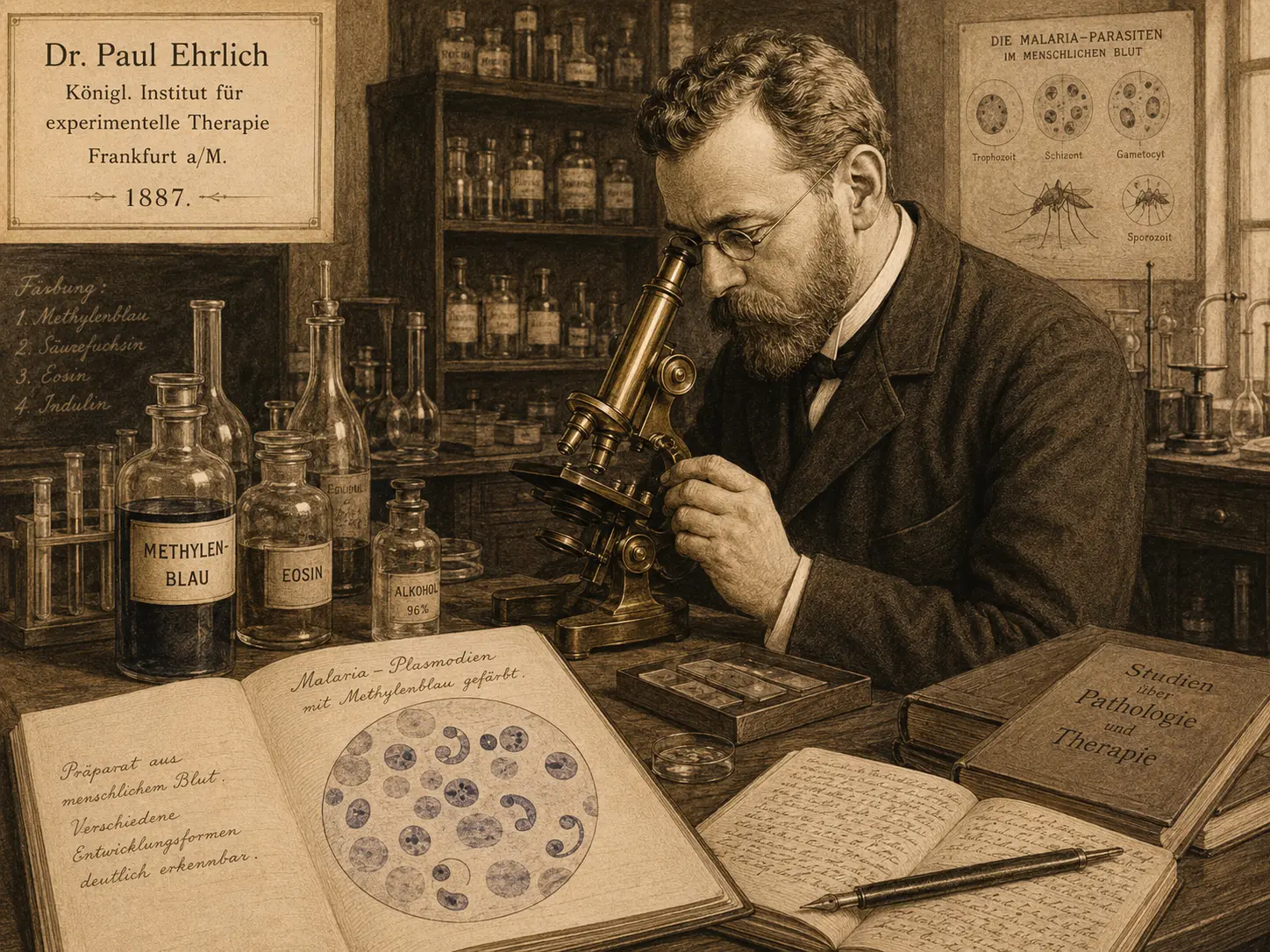 Paul Ehrlich at his microscope examining methylene-blue-stained malaria parasites