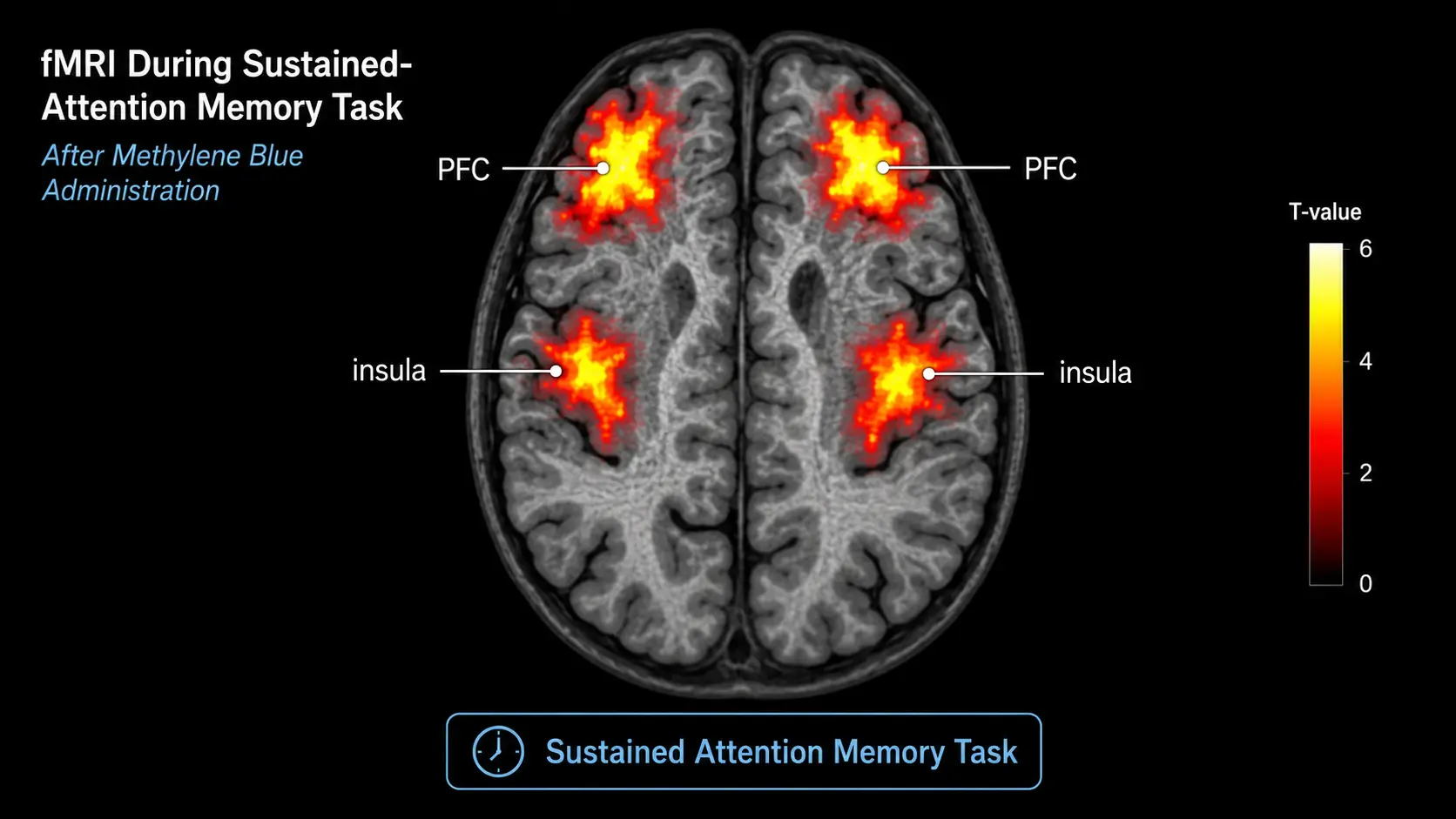 fMRI showing methylene-blue-induced brain activation in insular and prefrontal cortex