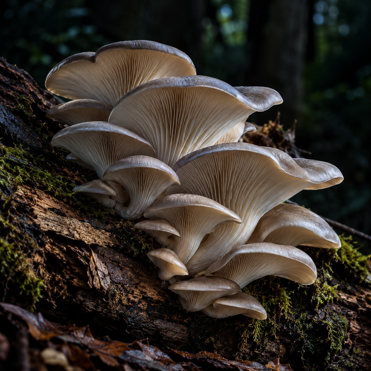 Cluster of oyster mushrooms on a log