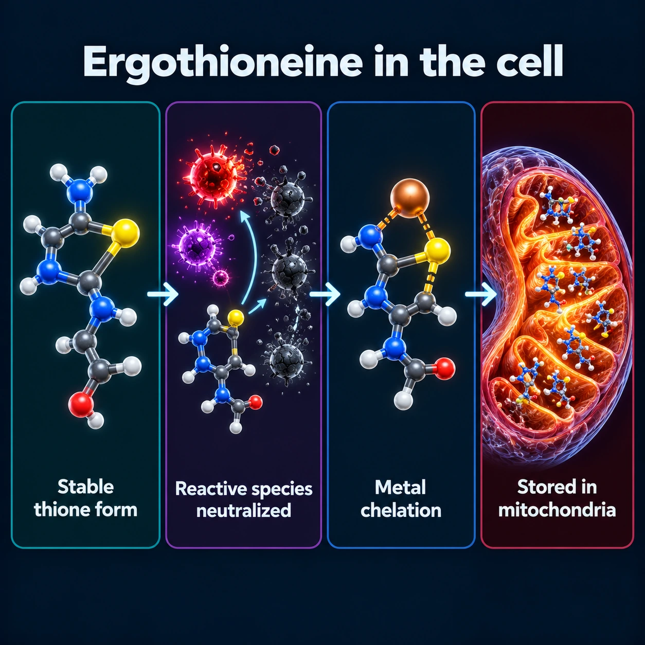 Infographic: ergothioneine as a stable thione, radical scavenger, metal chelator, stored in mitochondria