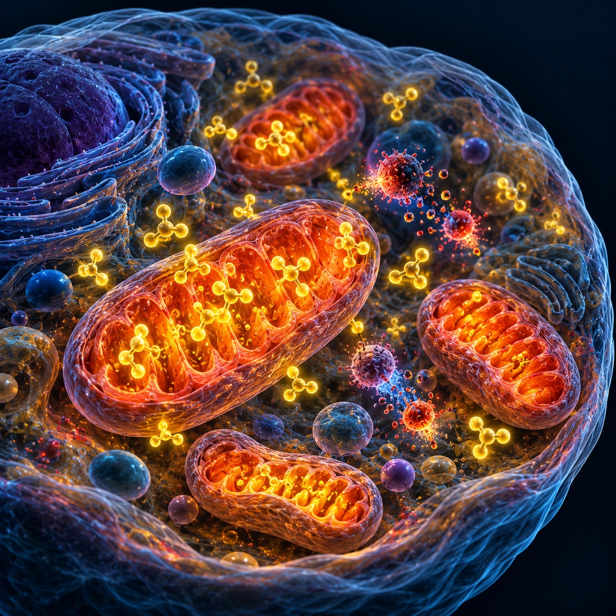 Illustration of mitochondria surrounded by small glowing molecules