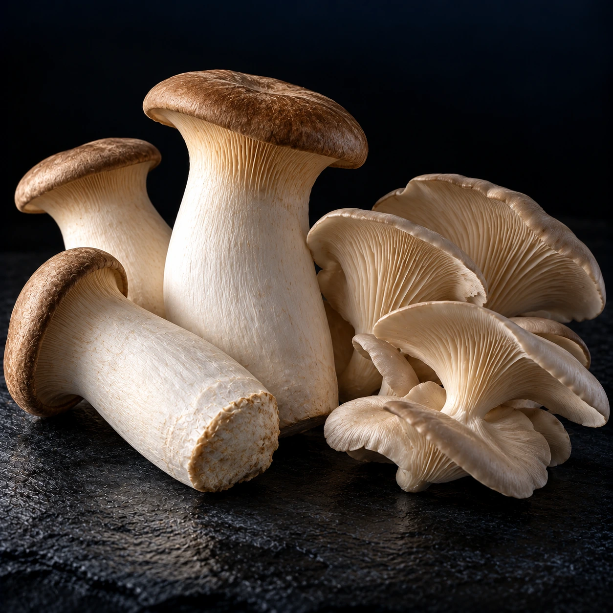 King oyster and oyster mushrooms on dark slate