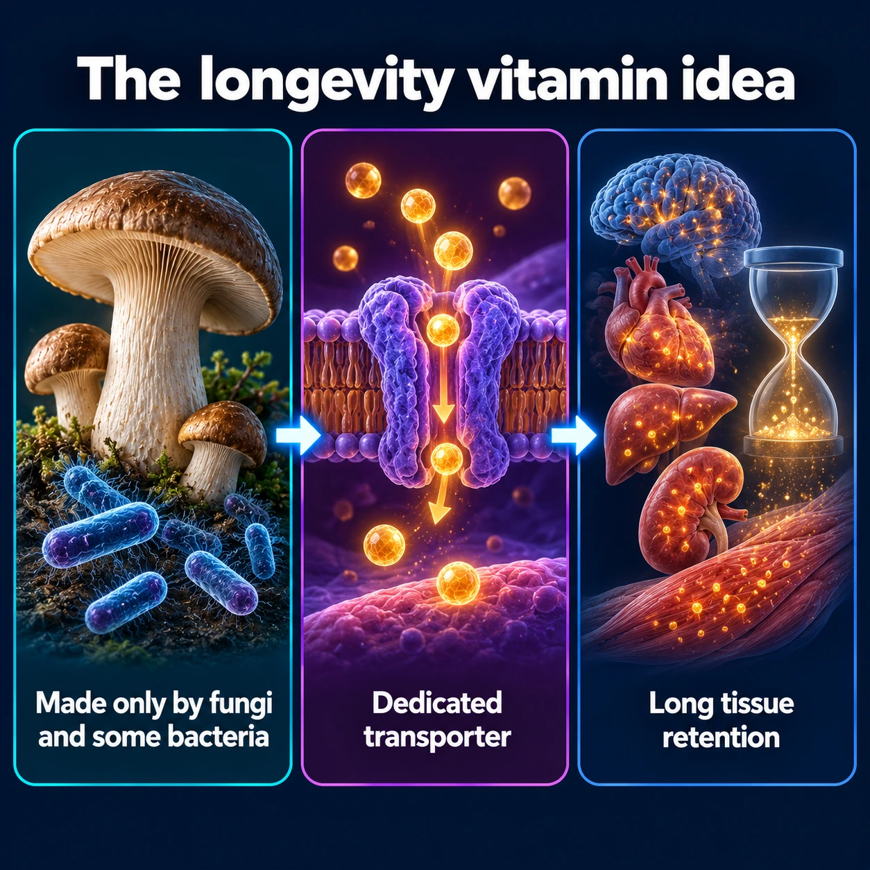 Infographic: ergothioneine made only by fungi and bacteria, a dedicated transporter, long tissue retention
