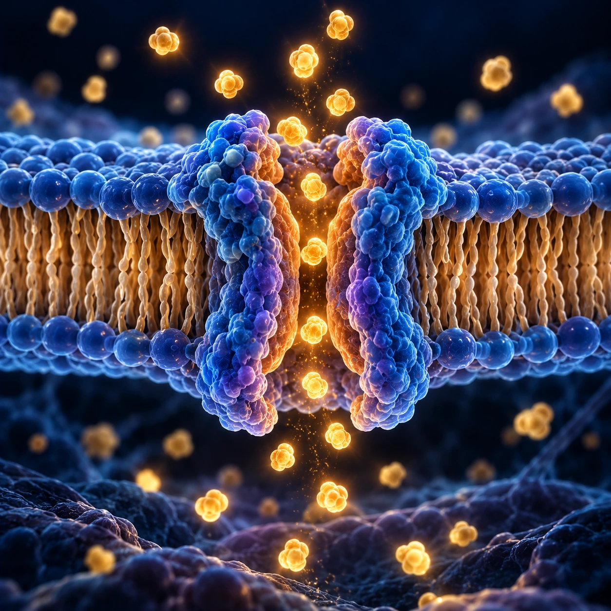 Illustration of a membrane transporter moving molecules into a cell