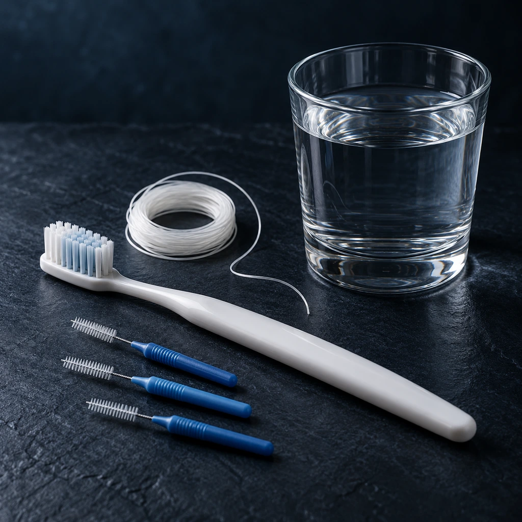 Plain toothbrush, dental floss, interdental brushes and a glass of water on dark slate