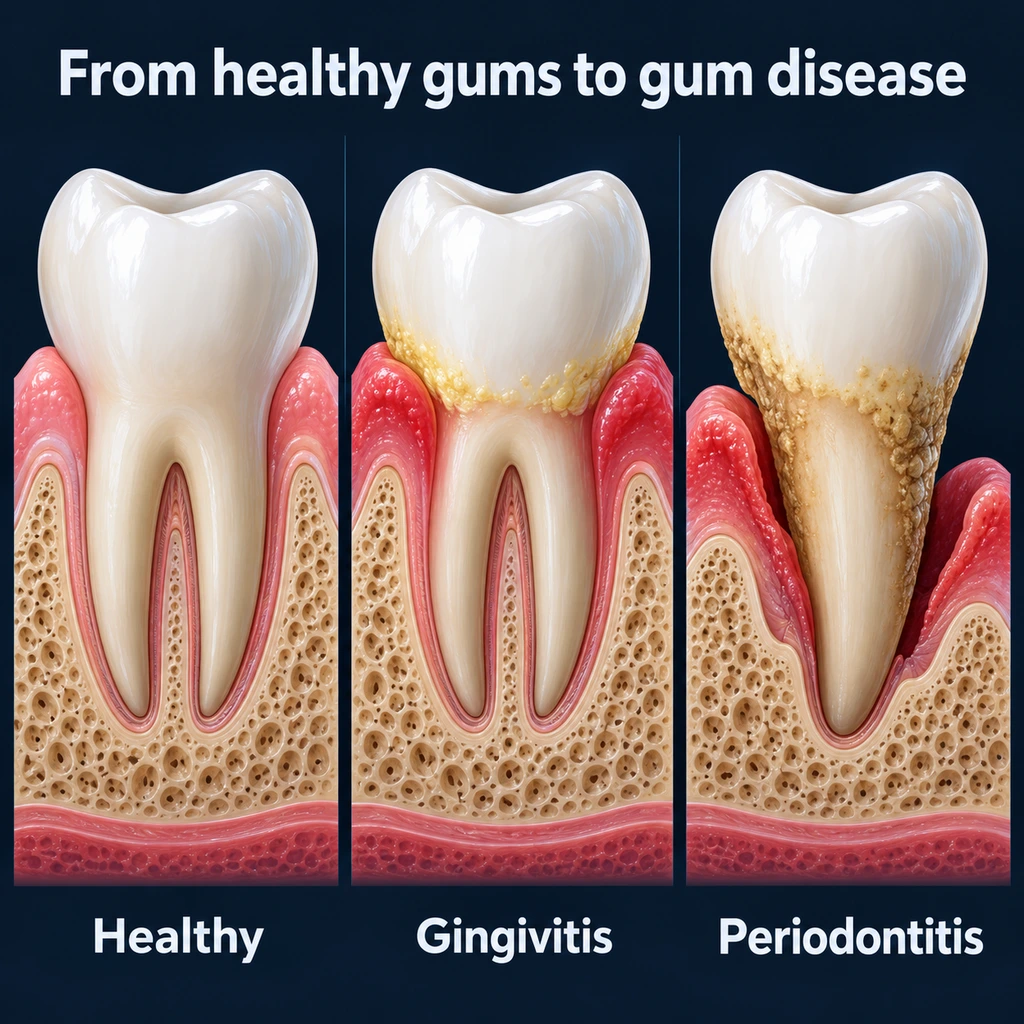 Infographic: a healthy tooth, gingivitis with swollen gums, and periodontitis with bone loss