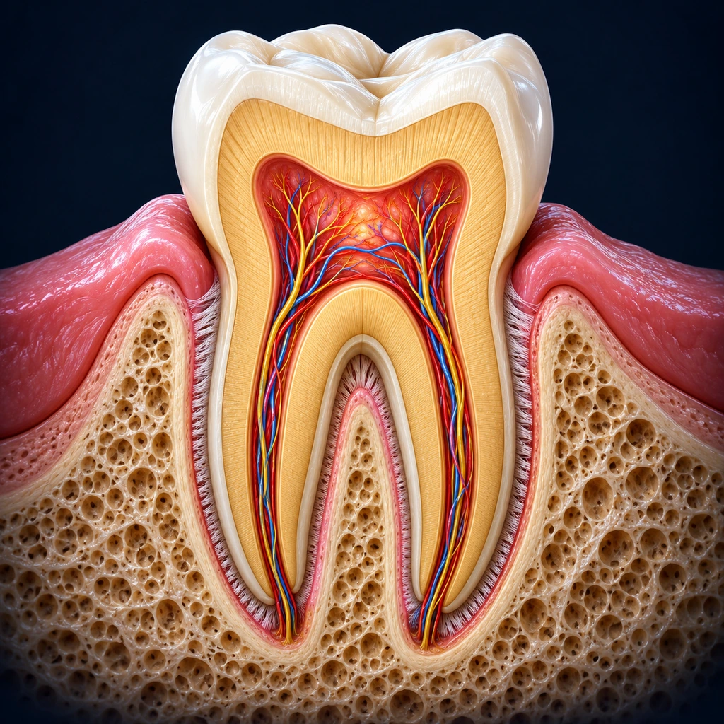 3D cutaway of a molar in the gum and jawbone
