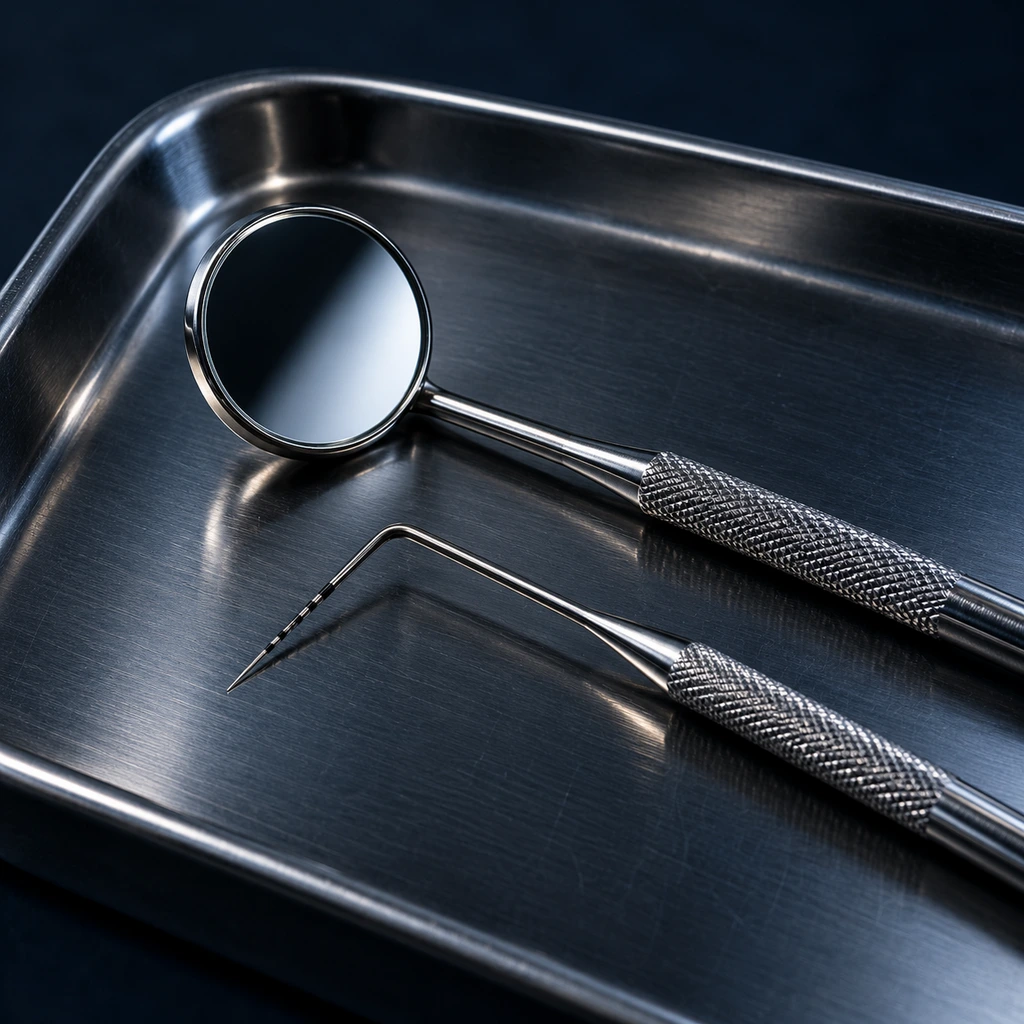 Dental mirror and periodontal probe on a dark tray