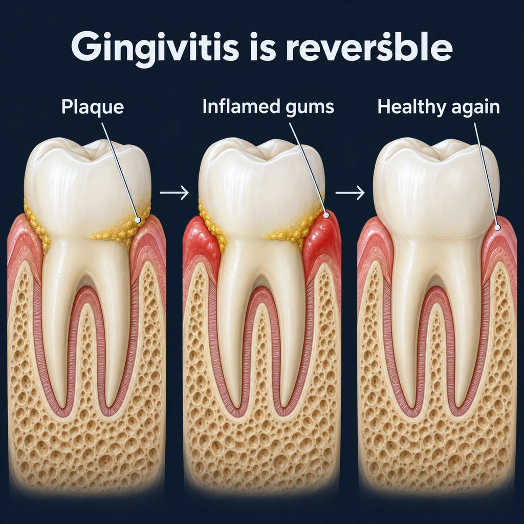 Infographic: plaque, inflamed gums, and healthy gums again after the plaque is removed