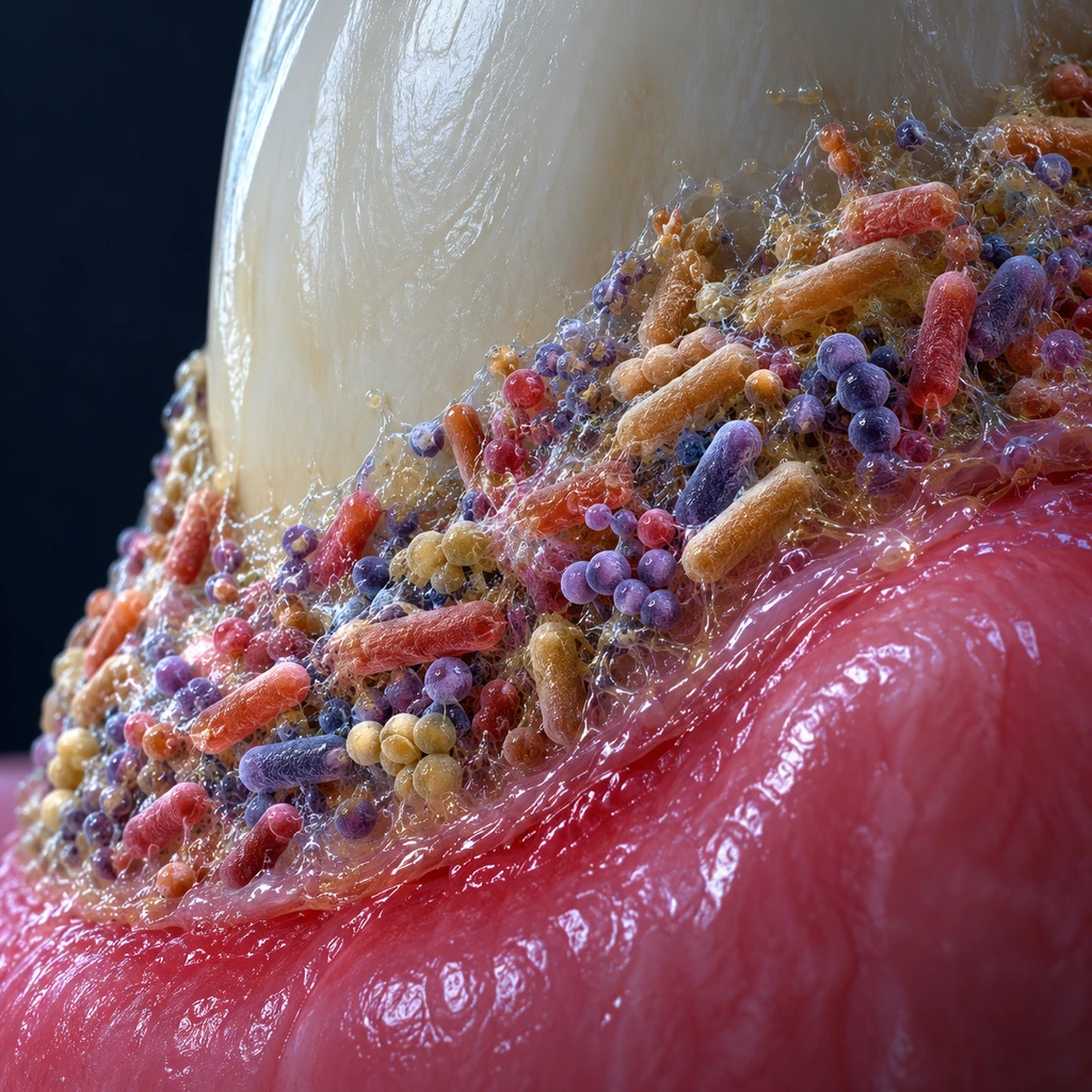 3D close-up of a bacterial biofilm on a tooth at the gumline