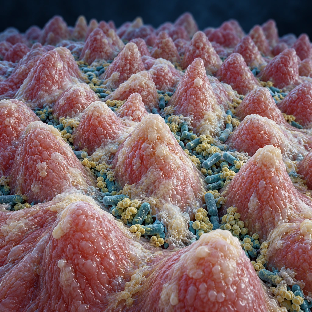 3D close-up of coated tongue papillae with bacteria