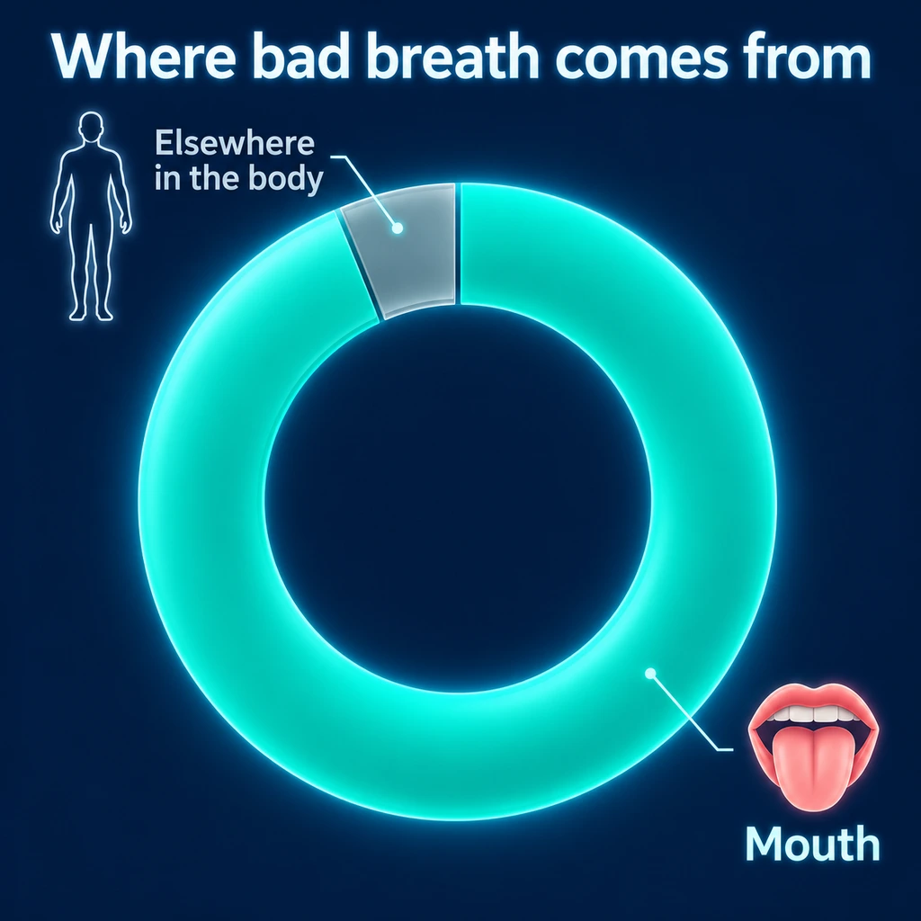 Infographic: most bad breath comes from the mouth, a small share from elsewhere in the body