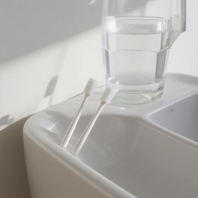 Two toothbrushes with toothpaste