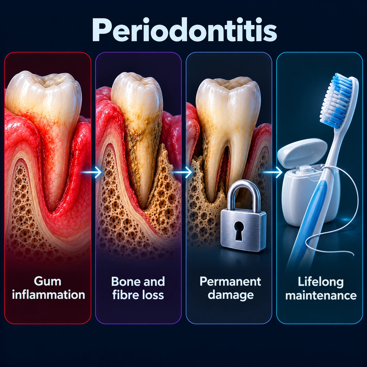 Infographic: periodontitis inflammation, bone loss, permanence and maintenance