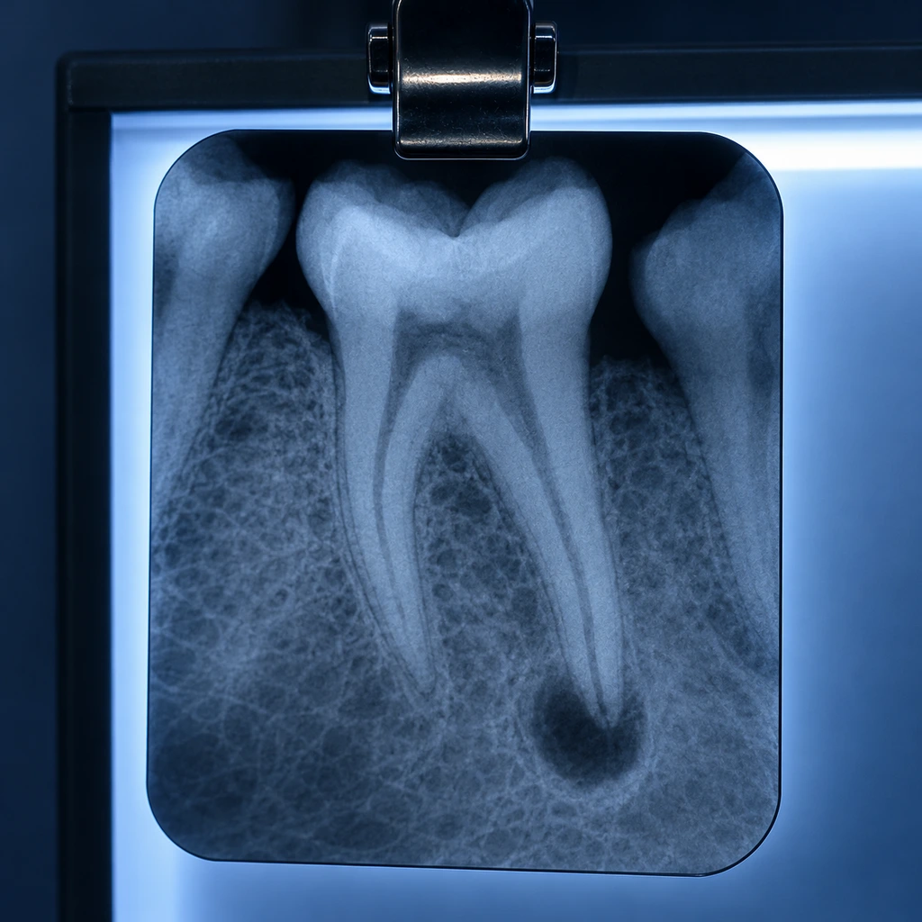 Dental X-ray film on a lightbox showing a dark shadow at a root tip