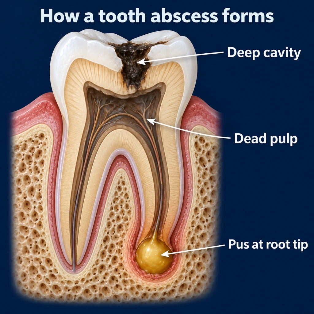 Infographic: molar with deep cavity, dead pulp and pus at the root tip