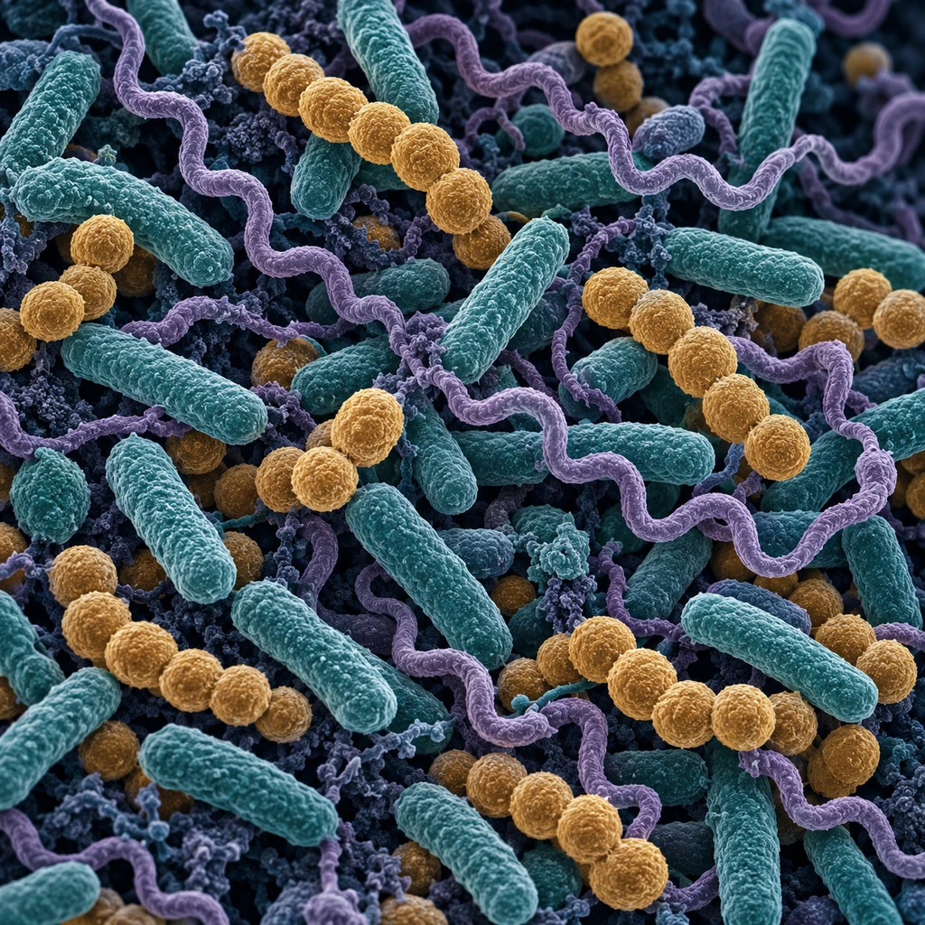 Micrograph of mixed cocci, rods and spiral bacteria tangled together