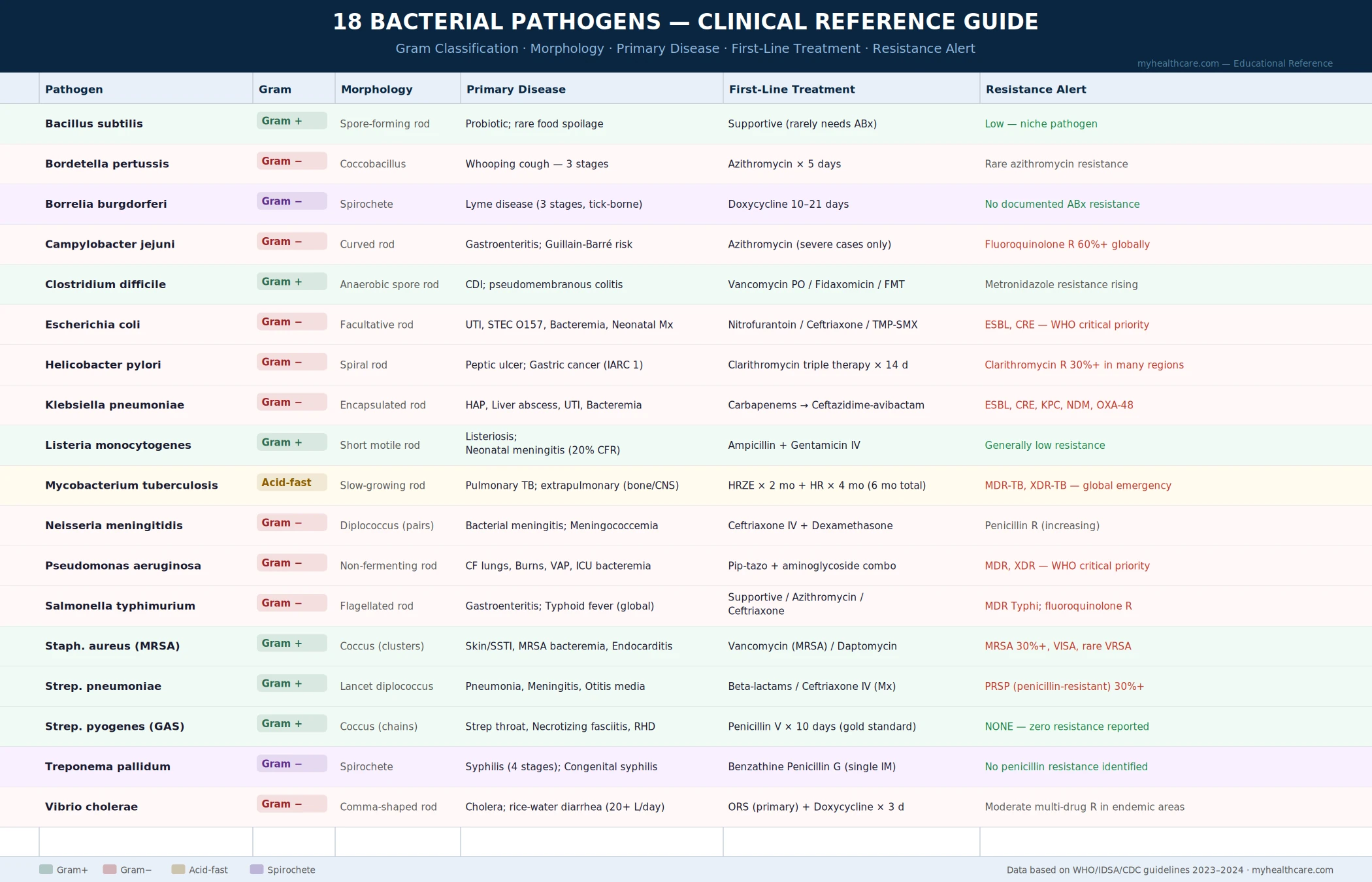18 Bacterial Pathogens — Clinical Reference Guide showing gram classification, morphology, primary diseases, treatment and resistance