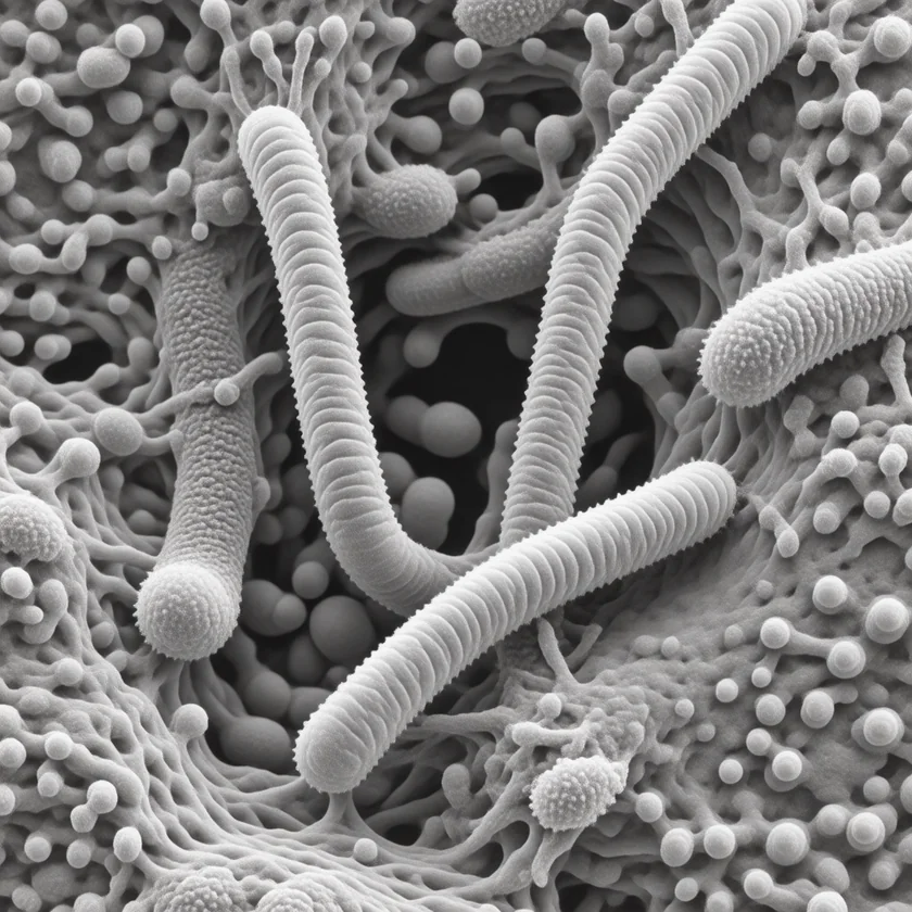 E. coli attached to the gut lining