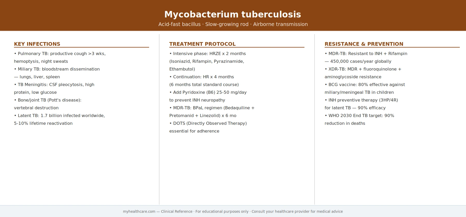 Mycobacterium tuberculosis clinical reference card showing key infections, treatment protocol, and resistance prevention