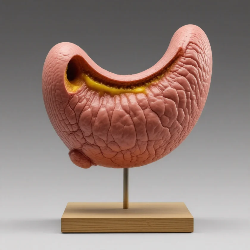 Typhoid perforation of the small intestine, shown as a model