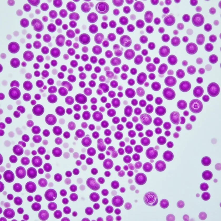 Staphylococcus aureus, purple grape-like clusters under the microscope