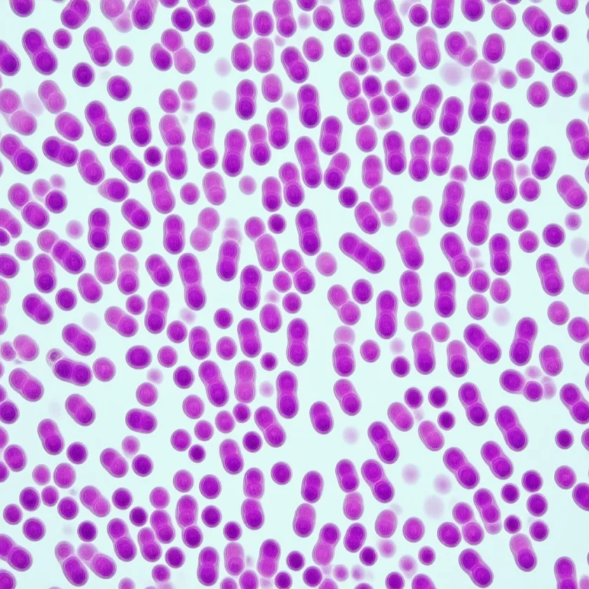 Pneumococci, purple bacterial pairs, in a sputum sample