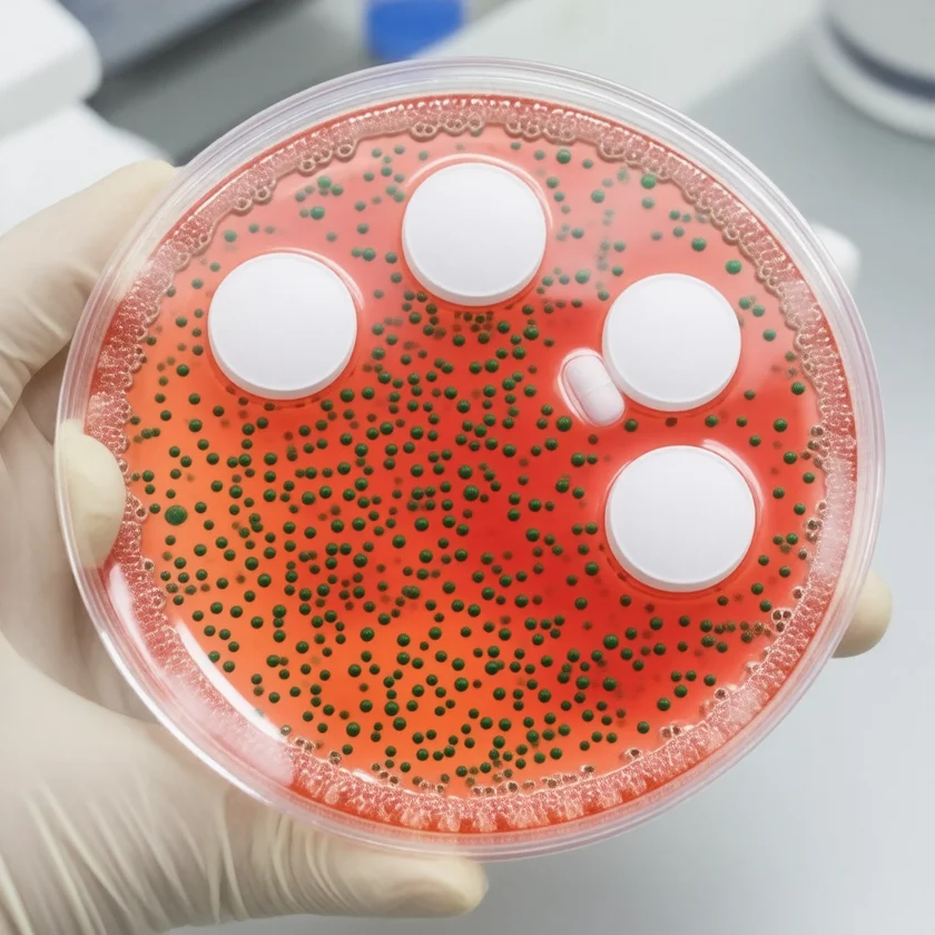 An antibiotic disk test on pneumococcus