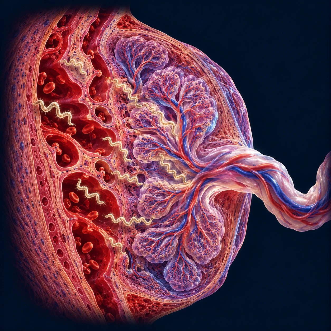 Illustration of the placenta with spiral bacteria crossing it