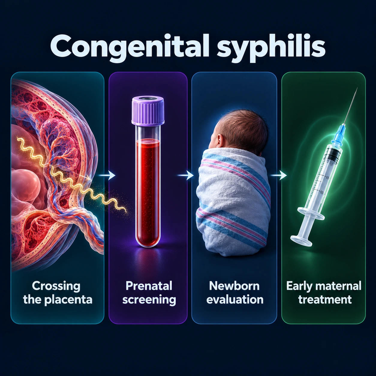 Infographic: congenital syphilis, prenatal screening, newborn evaluation and maternal treatment